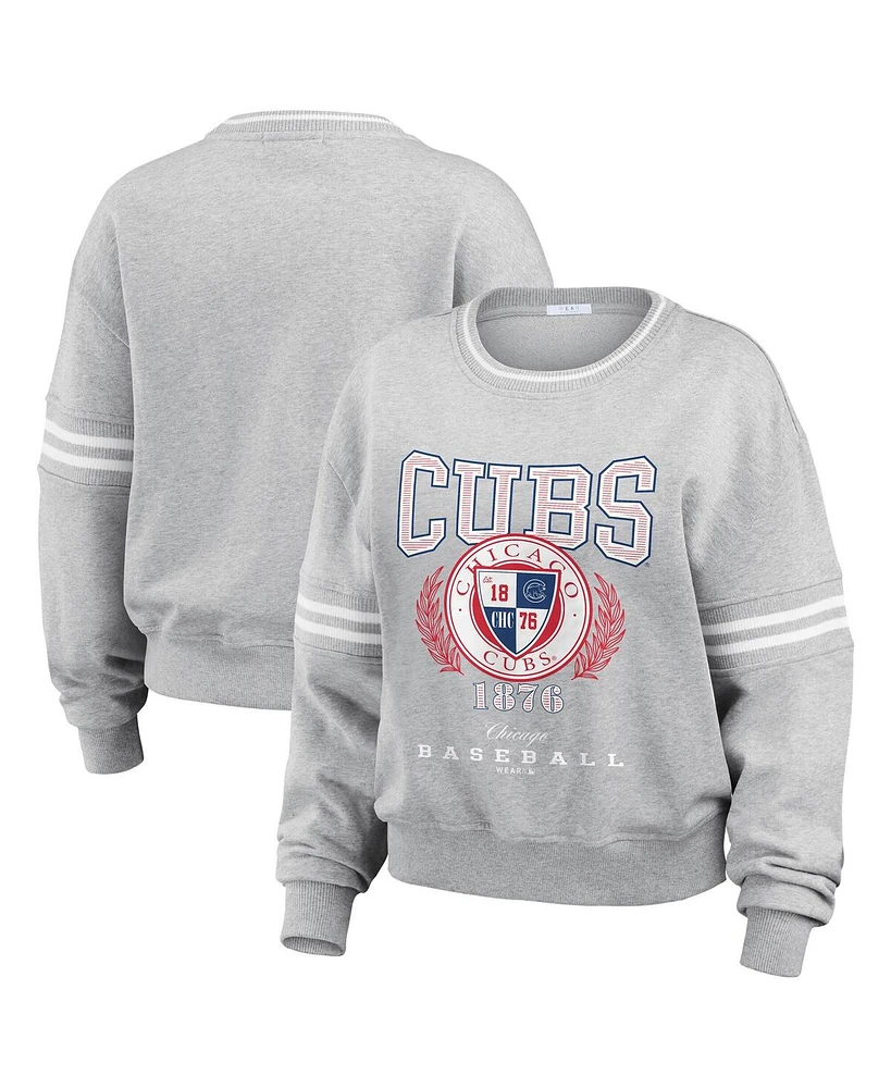 Wear by Erin Andrews Women's Heather Gray Chicago Cubs Domestic Crest Pullover Sweatshirt