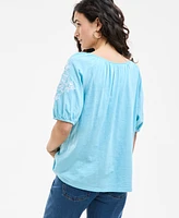 Style & Co Women's Embroidered Split-Neck Tasseled-Tie Top, Regular Petite, Exclusively at Macy's