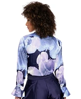 Muse Women's Floral Satin Collared Button-Front Blouse