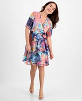 Tahari Asl Petite Shadow Stripe Ruffle Floral Print Dress