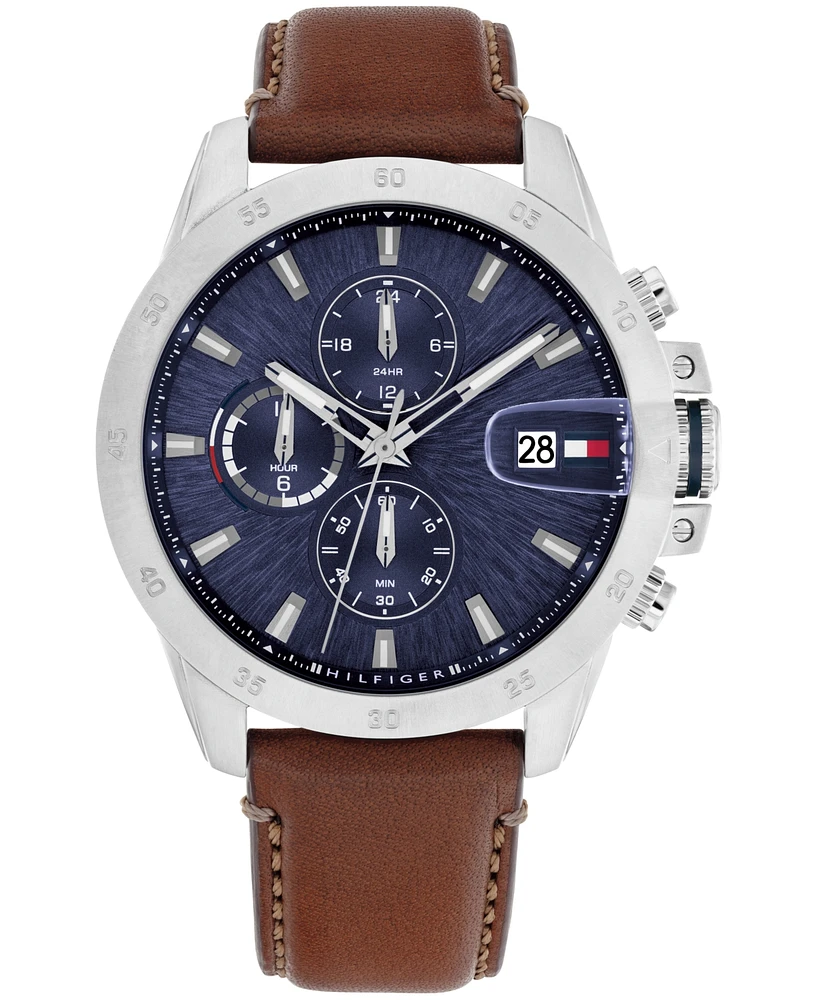 Tommy Hilfiger Men's Multifunction Brown Leather Strap Watch, 43mm