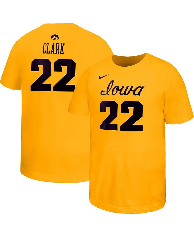 Nike Big Boys and Girls Caitlin Clark Gold Iowa Hawkeyes Retired Player Name Number Core T-Shirt