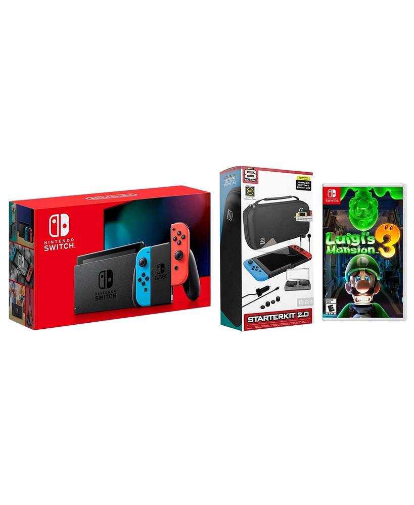 Nintendo Switch 32GB Console Neon Red/Blue Joy-Con Bundle with Surge 11-In-1 Accessory Starter Pack and Luigi's Mansion 3