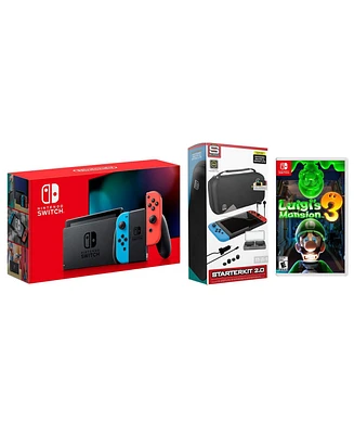 Nintendo Switch 32GB Console Neon Red/Blue Joy-Con Bundle with Surge 11-In-1 Accessory Starter Pack and Luigi's Mansion 3