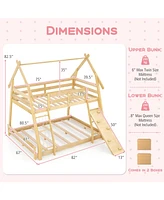 Twin Over Queen Bunk Bed Wooden Kids Bed with Climbing Nets and Ramp