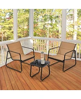 3 Pieces Patio Conversation Set Outdoor Metal Chair & Table Tempered Glass Top