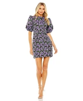 Mac Duggal Women's Bubble Sleeve Brocade Mini Dress
