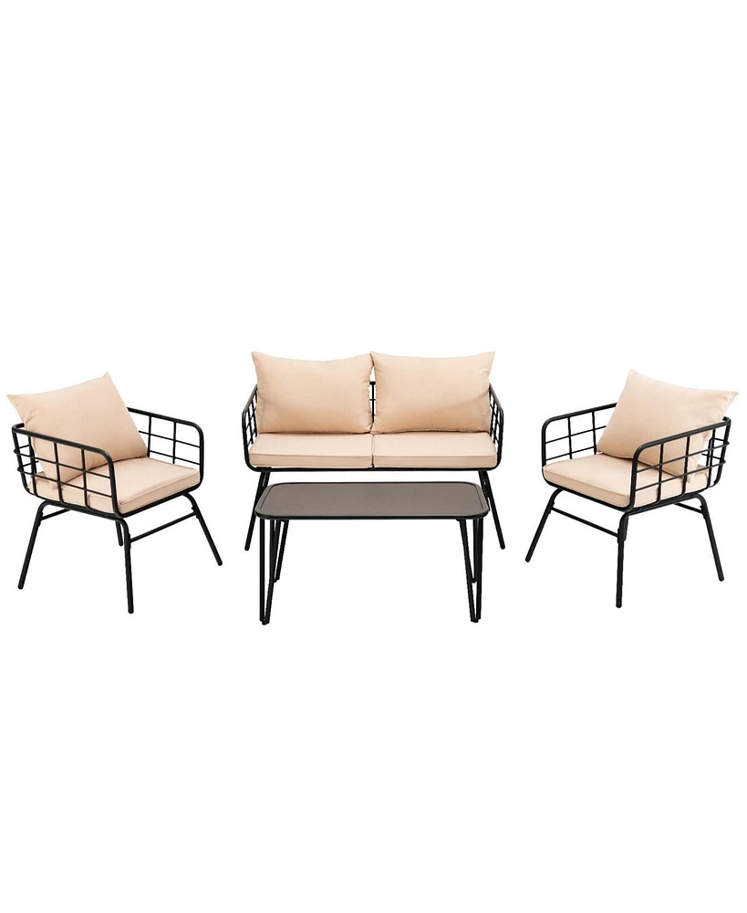 Gymax 4 Piece Steel Structure Outdoor Furniture Set Patio Conversation Set w/ Cushions