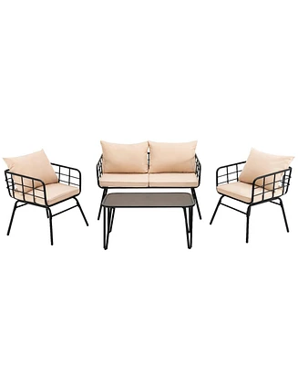 Gymax 4 Piece Steel Structure Outdoor Furniture Set Patio Conversation Set w/ Cushions