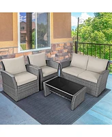 Gymax 4 Piece Outdoor Furniture Set Patio Rattan Conversation Set w/ Cushions
