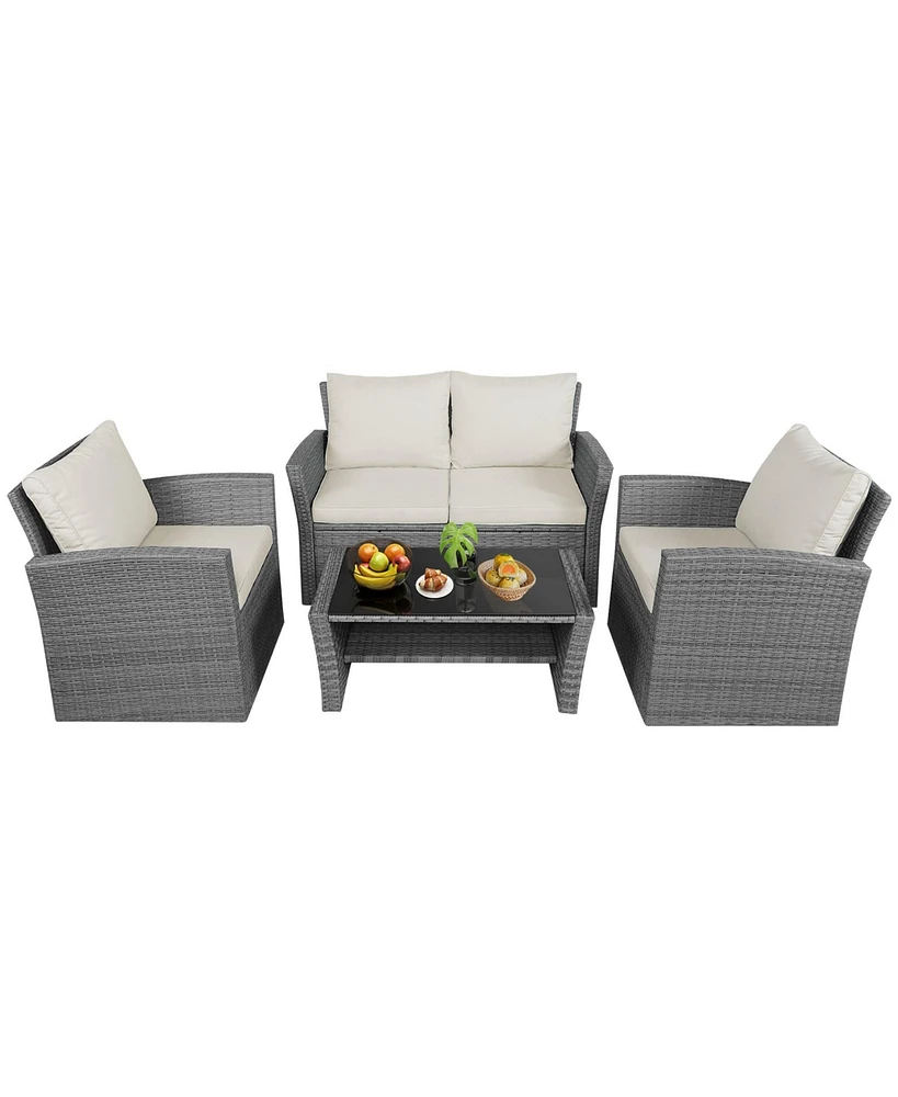 Gymax 4 Piece Outdoor Furniture Set Patio Rattan Conversation Set w/ Cushions