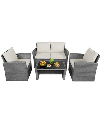 Gymax 4 Piece Outdoor Furniture Set Patio Rattan Conversation Set w/ Cushions