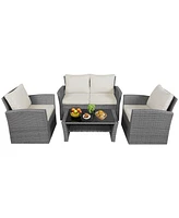 Gymax 4 Piece Outdoor Furniture Set Patio Rattan Conversation Set w/ Cushions