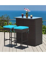 3PCS Patio Rattan Wicker Bar Table Stools Dining Set Cushioned Chairs