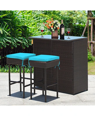 3PCS Patio Rattan Wicker Bar Table Stools Dining Set Cushioned Chairs