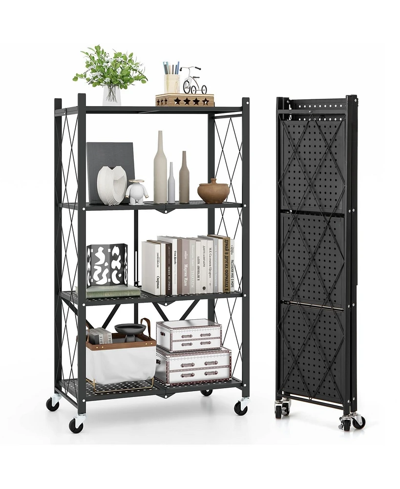 4-Tier Foldable Storage Shelf Collapsible Storage Rack with Lockable Wheels