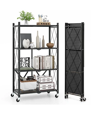 4-Tier Foldable Storage Shelf Collapsible Storage Rack with Lockable Wheels