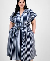 Robbie Bee Plus Striped Tie-Waist Button-Down Cotton Midi Dress