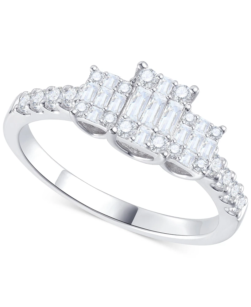 Diamond Emerald Shaped Cluster Three Stone Ring (1/2 ct. t.w.) 14k White Gold