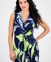 Connected Petite Twisted-Front Floral-Print Maxi Dress