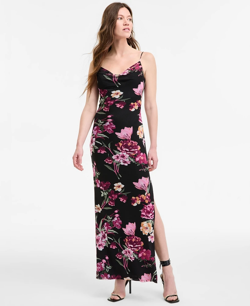 B Darlin Women's Cowlneck Side-Slit Floral-Print Slip Dress