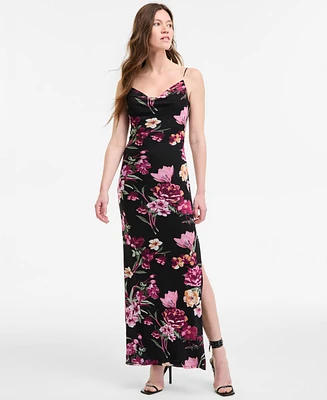 B Darlin Women's Cowlneck Side-Slit Floral-Print Slip Dress