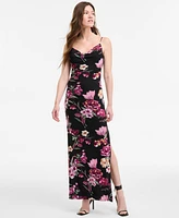 B Darlin Women's Cowlneck Side-Slit Floral-Print Slip Dress