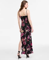 B Darlin Women's Cowlneck Side-Slit Floral-Print Slip Dress
