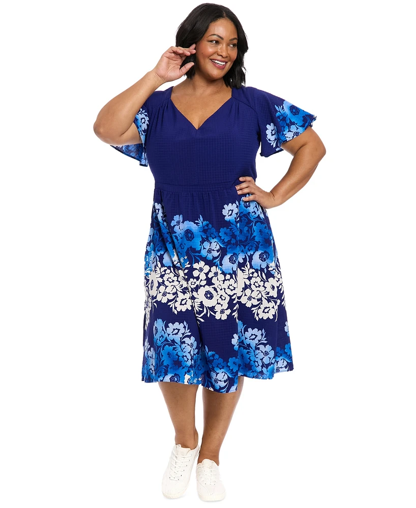 London Times Plus Placed-Floral Flutter-Sleeve Dress
