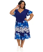 London Times Plus Placed-Floral Flutter-Sleeve Dress