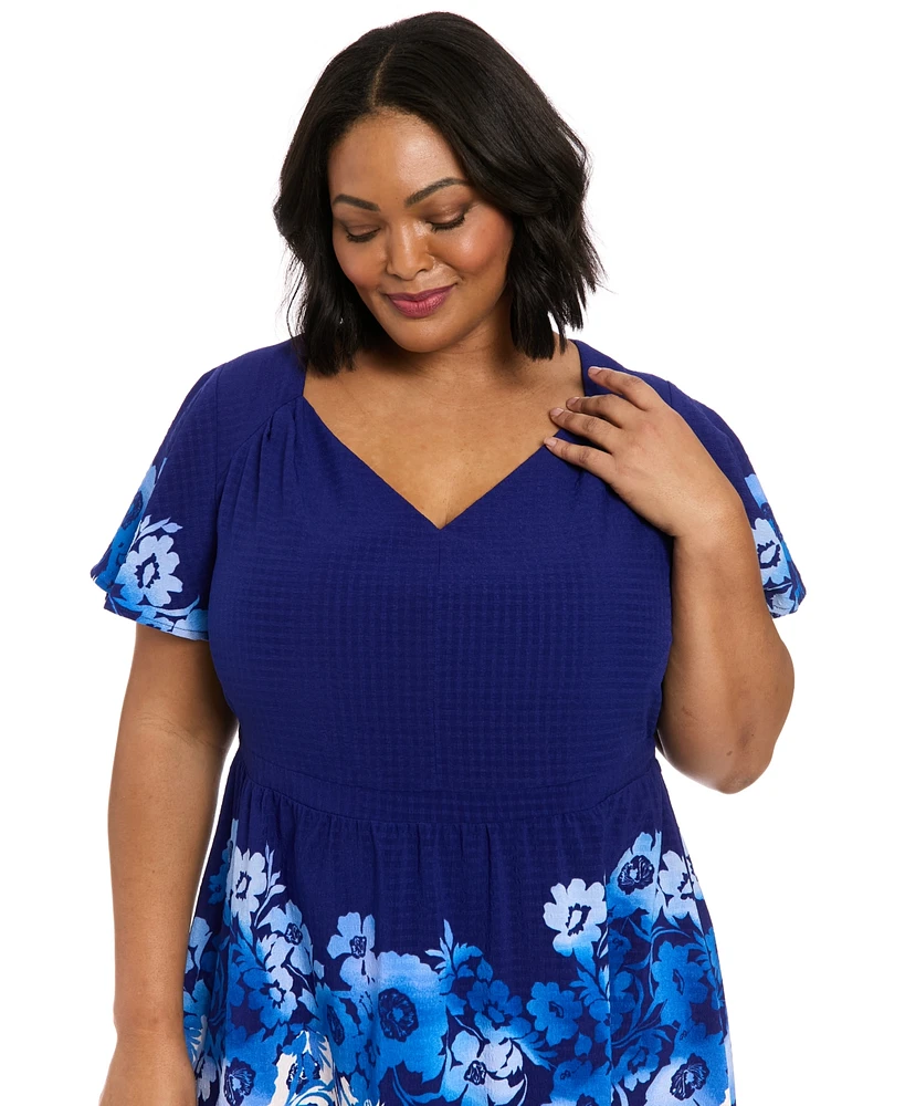 London Times Plus Placed-Floral Flutter-Sleeve Dress