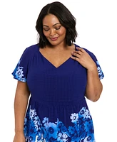 London Times Plus Placed-Floral Flutter-Sleeve Dress