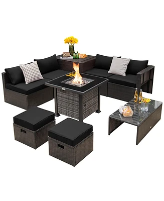 Gymax 9 Pieces Furniture Set w/ 50,000 Btu Propane Fire Pit Table Patio