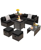 Gymax 9 Pieces Furniture Set w/ 50,000 Btu Propane Fire Pit Table Patio