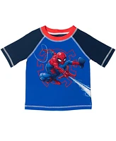 Spider-Man Boys Marvel Upf 50+ Cosplay Rash Guard and Swim Trunks Outfit Set