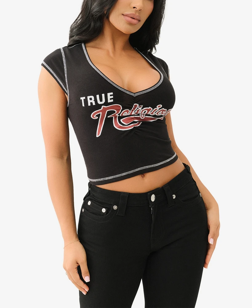 True Religion Women's Logo Ruching Cap Sleeve Top