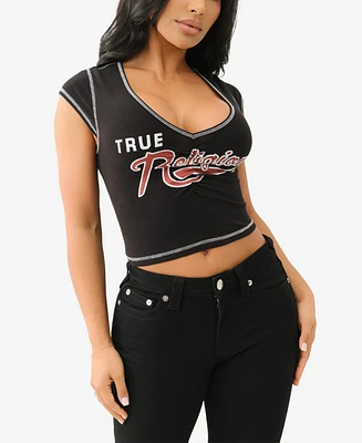 True Religion Women's Logo Ruching Cap Sleeve Top