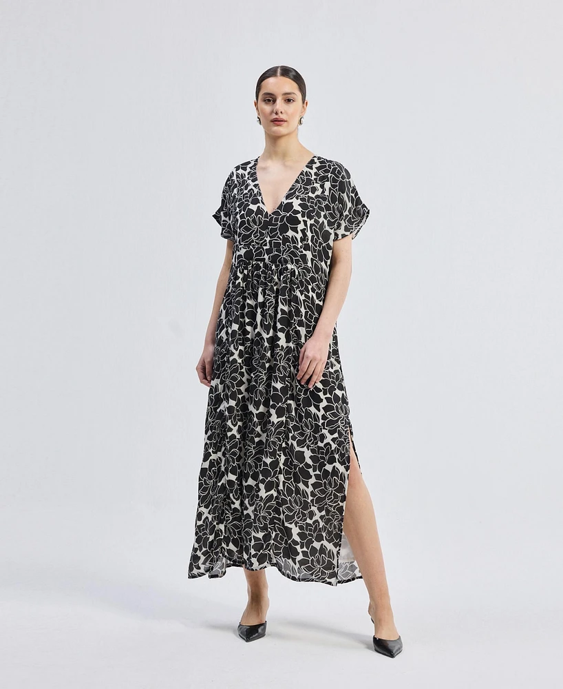Reistor Women's Deep V-neck Maxi Dress with Front Gathers Black Florals