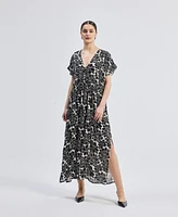Reistor Women's Deep V-neck Maxi Dress with Front Gathers Black Florals