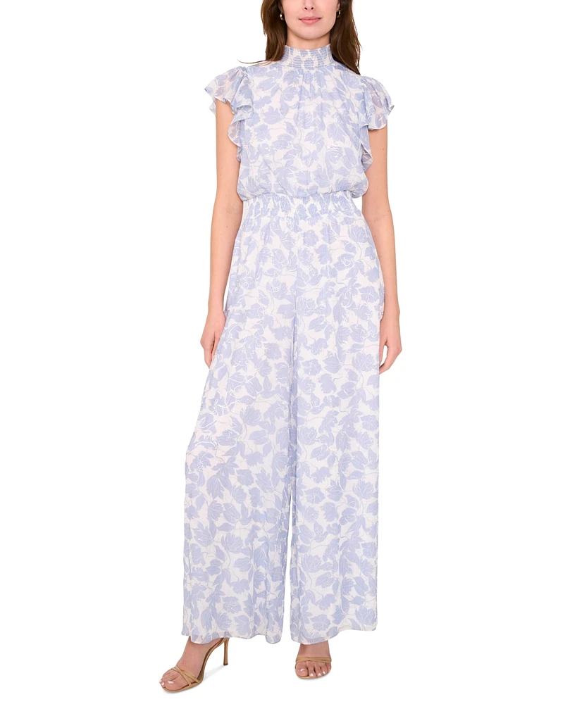 Msk Petite Floral Smocked-Waist Flutter-Sleeve Jumpsuit