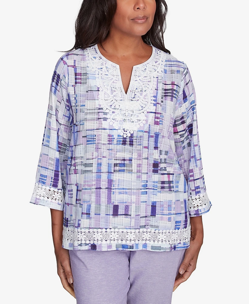 Alfred Dunner Petite Crystal Springs Watercolor Plaid Lace Neck Top