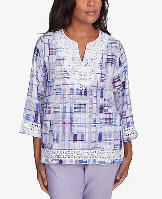 Alfred Dunner Petite Crystal Springs Watercolor Plaid Lace Neck Top