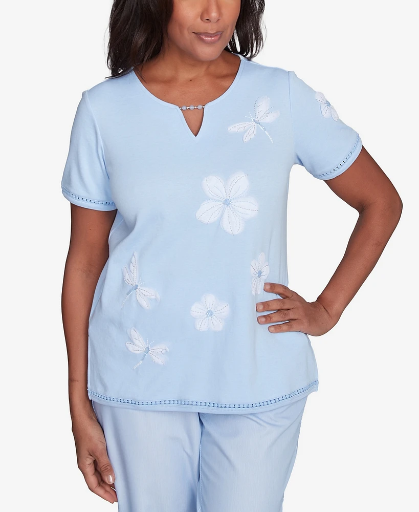 Alfred Dunner Petite St. Thomas Dragonfly Flower Applique Top