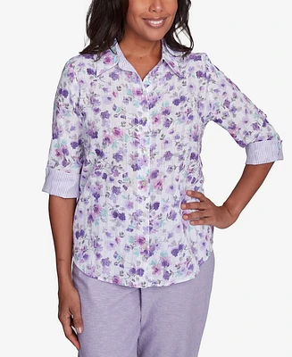 Alfred Dunner Petite Crystal Springs Floral Contrast Cuff Button Down Top