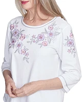Alfred Dunner Petite Crystal Springs Embroidered Flower Crew Neck Top