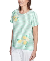 Alfred Dunner Petite Rise & Shine Lemon Printed Striped Top