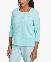 Alfred Dunner Petite St. Thomas Asymmetrical Dragonfly Embroidery Top