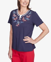 Alfred Dunner Petite Land of The Free Butterfly Criss-Cross Crew Neck Top