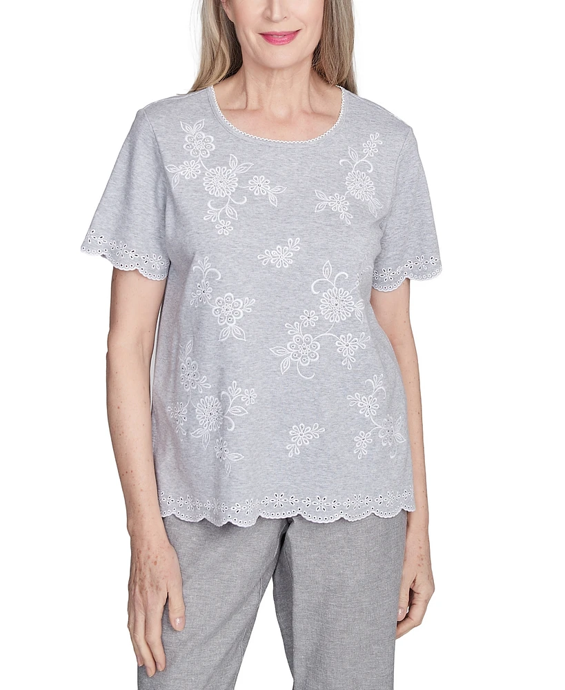 Alfred Dunner Petite Crystal Springs Embroidered Tossed Flower Top
