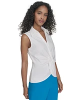 Calvin Klein Petite Collared Twist-Front Sleeveless Shirt